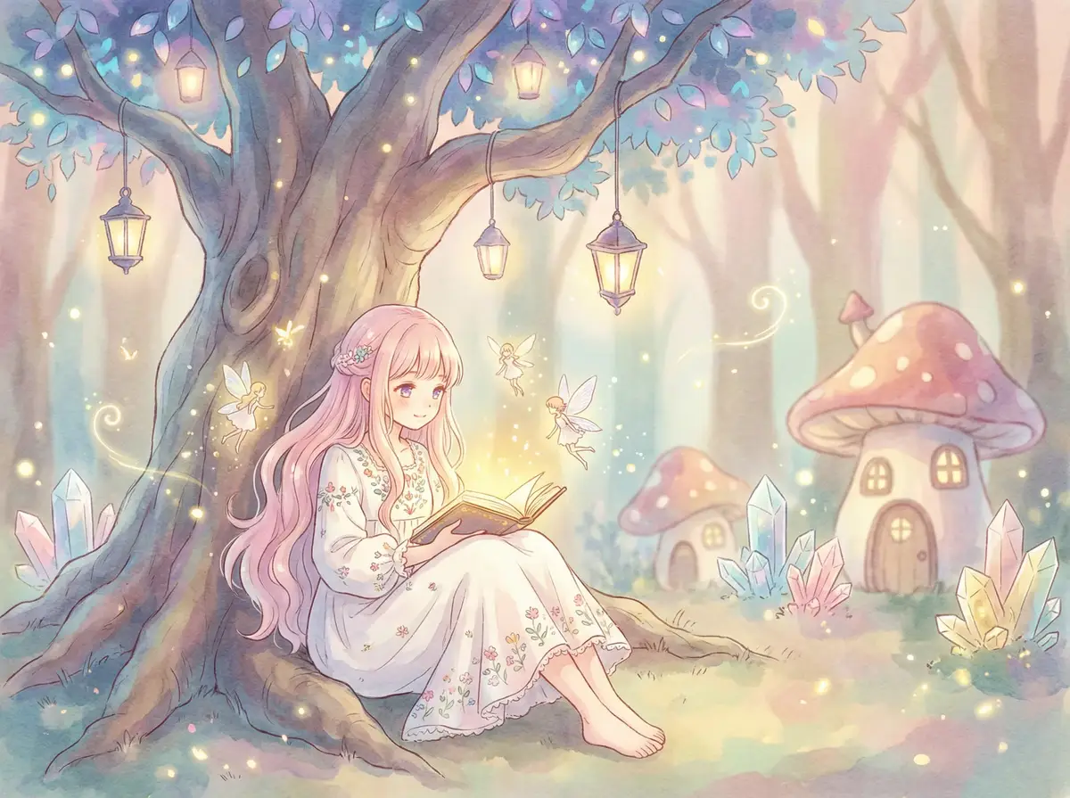 婷婷色播五月 - 魔法森林中阅读故事书的粉发少女与精灵